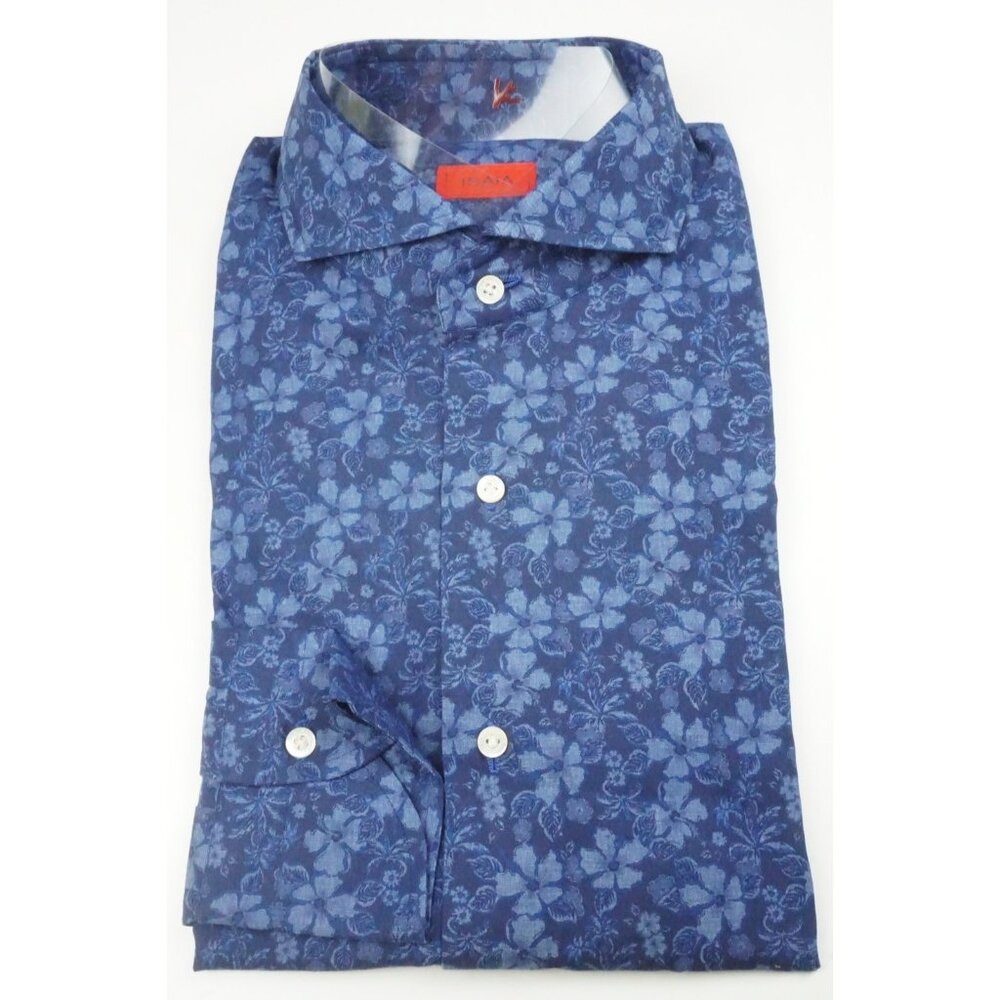 Isaia Vibrant Blue Hawaiian Floral Long Sleeve Cotton Dress Shirt 15.5/39 NEW